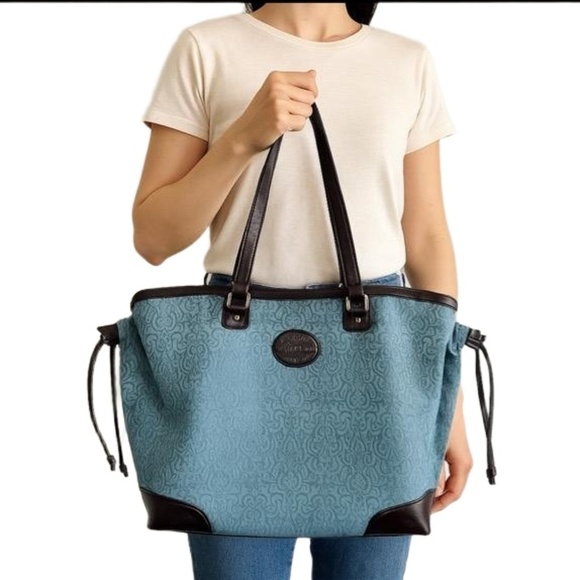 Reba Teal & Dark Brown Trim Patterned Zip Tote/Carry All Timeless Elegance - Picture 1 of 15